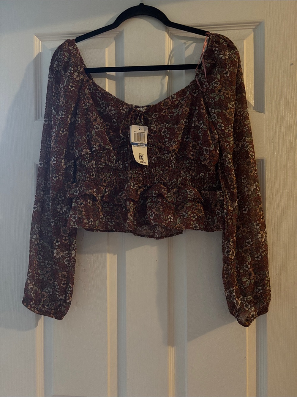 Ultra Flirt Burgundy Floral Crop Top with Ruffle Hem